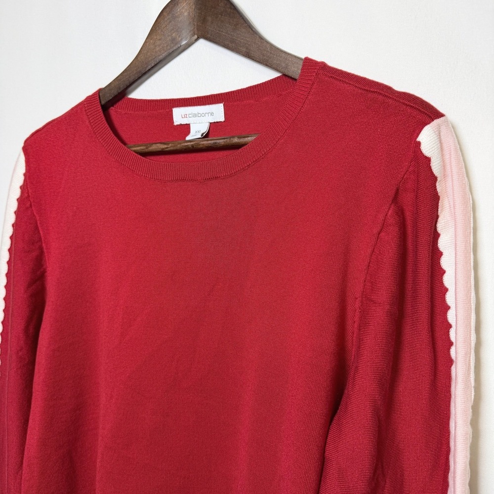 Liz Claiborne Red Crewneck Sweater Scalloped Side Stripe Pink XXL Rayon Blend